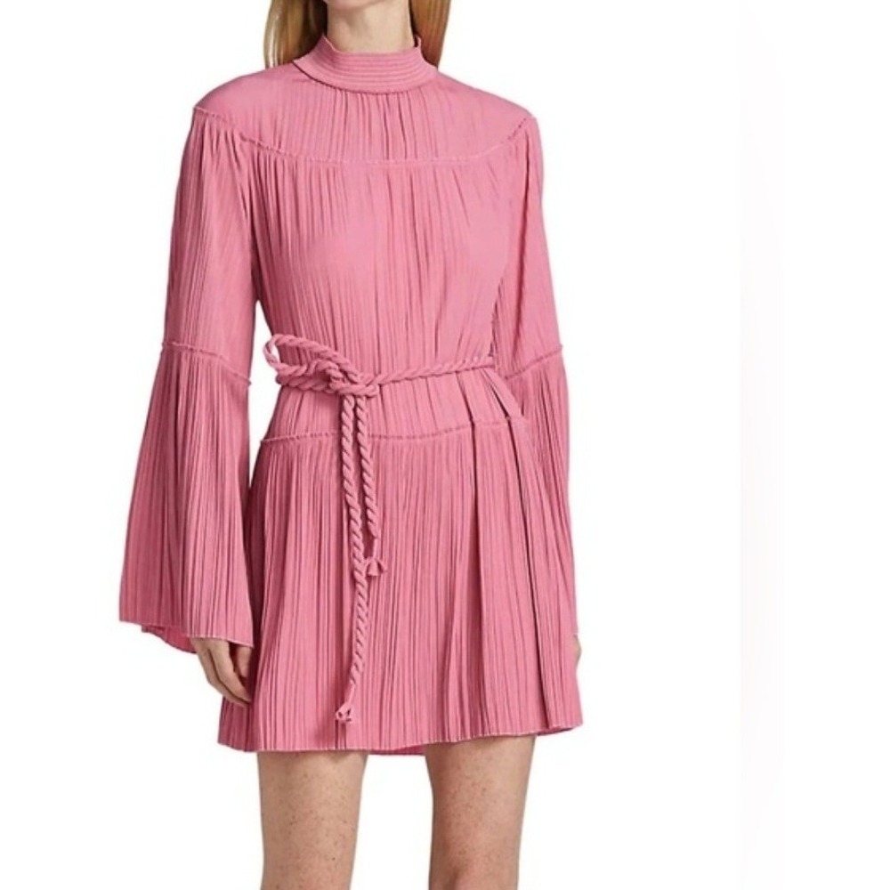 A.L.C. Tressa Pink Plisse Crepe‎ De Chine Mini Dress Smocked Neck Bell Sleeve 2